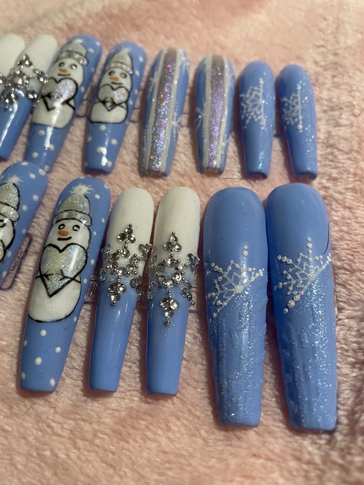 Custom acrylic Press on Nails 3XL 20 snowman snowflake sparkles gems blue silver