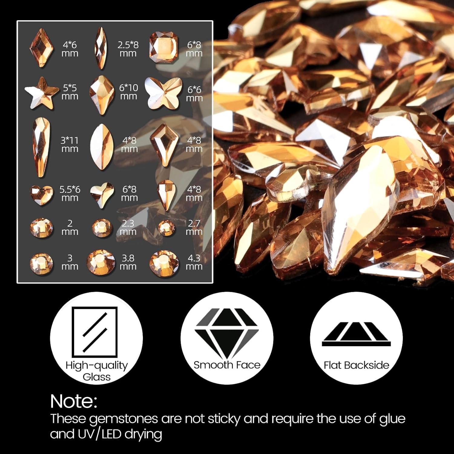 2120 Pcs Champagne Gold Crystal Nail Rhinestones Round Beads Flatback Glass Gems