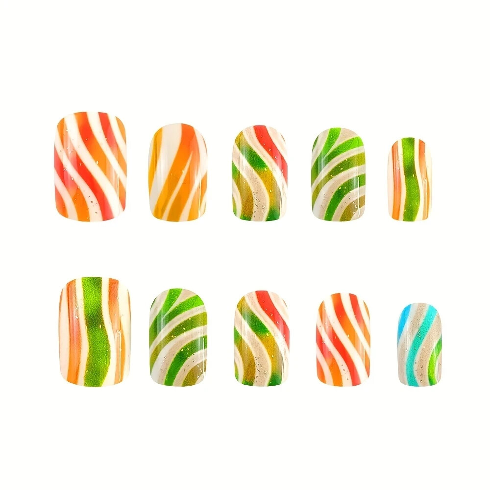 24pcs Medium Square Press-On Nails Set, Colorful Candy Stripes & Glitter Nail