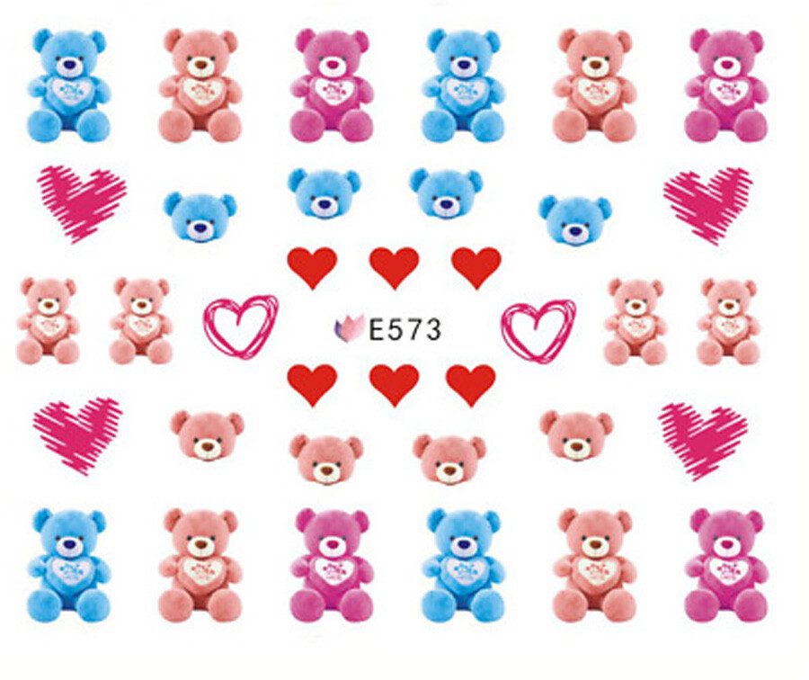 Nail Art 3D Decal Stickers beautiful pink blue bear red heart E573