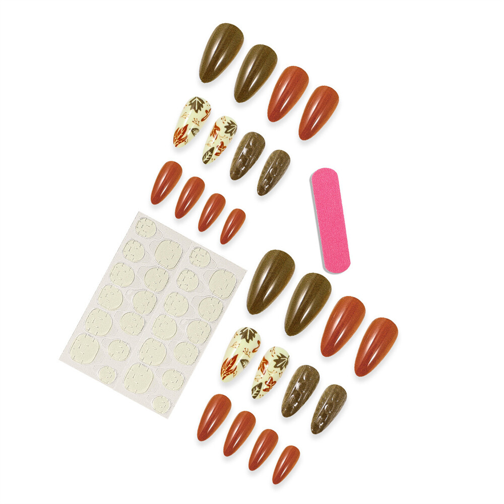 Short Almond Press-On Fake Nail Maple Leafs Thanksgiving Day Fall Manicure 24pcs