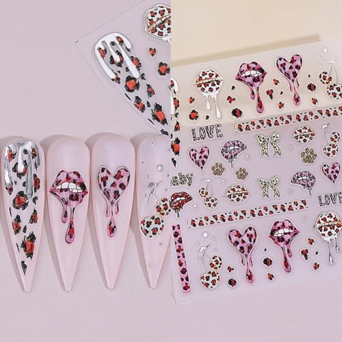 2 Sheets Valentines Day Nail Art Stickers Leopard Print Love Heart Nail bow
