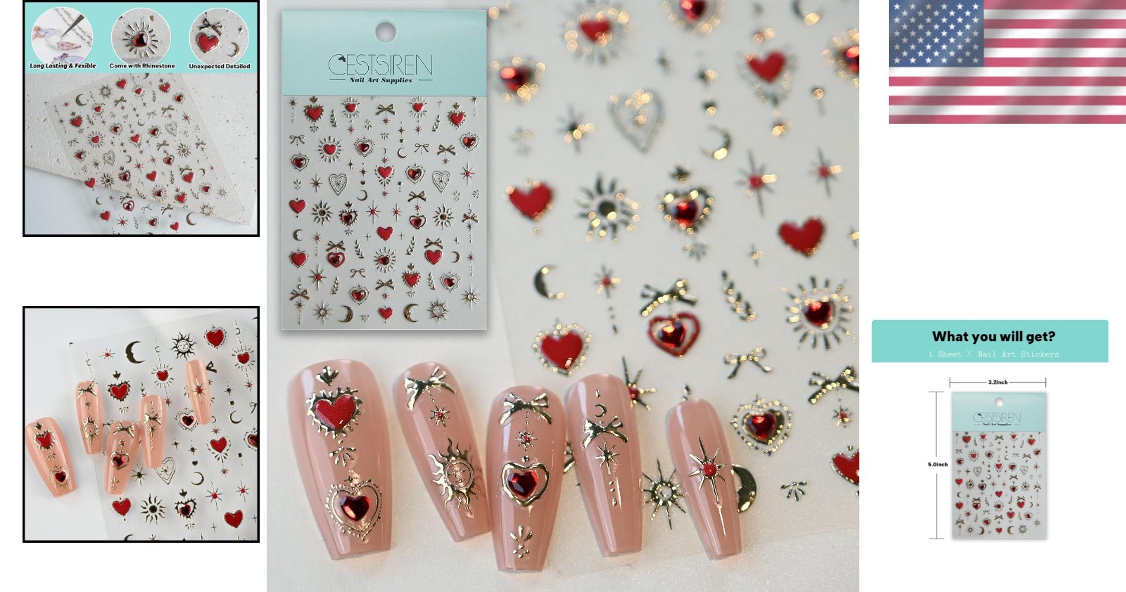 Glamorous and Flexible Gold Totem Red Heart Nail Art Accessories – 5×3.2 Inches