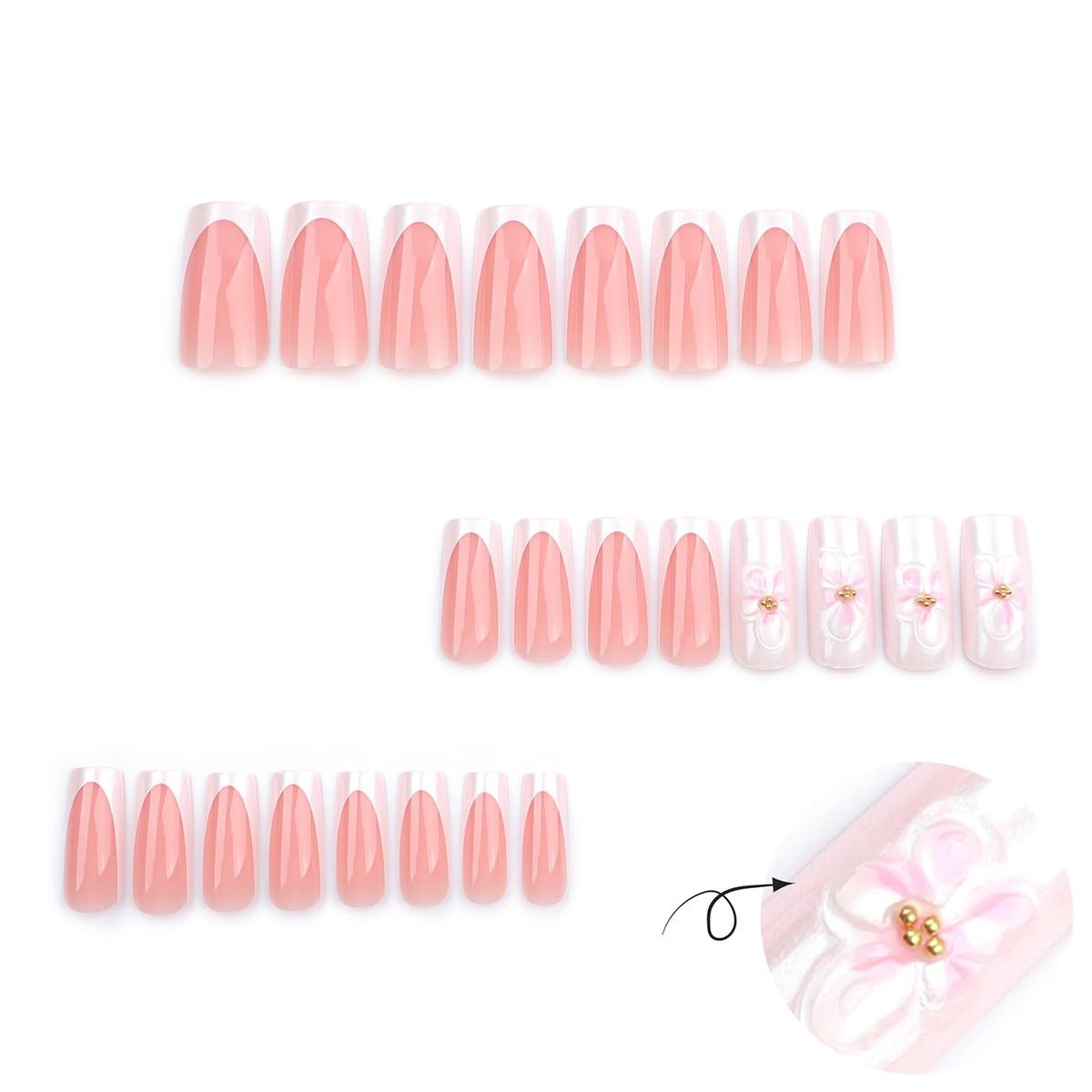 24Pcs 3D Flower Press on Nails Medium Square Fake Nails with White French Tip…