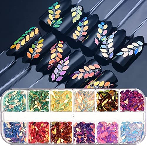 12 Colors Nail Art Glitter Sequins, 3D Sparkly Leaf Shape Nail Leaf Flakes
