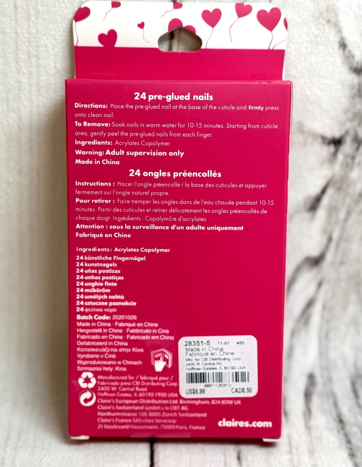 NIB Claire’s Press On Pre-Glued Nails 24 Faux Nails for Child Hearts Glitter