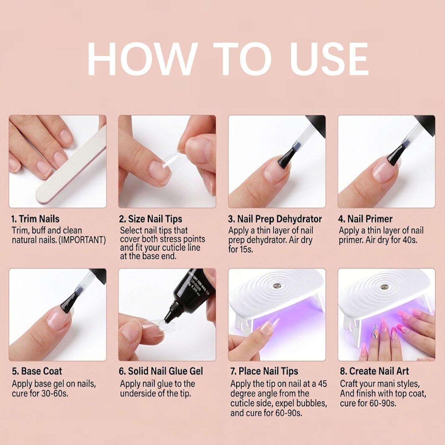 504Pcs Short Almond Clear Fake Nail Tips Kit with Gel Glue, Dehydrator & UV Lamp