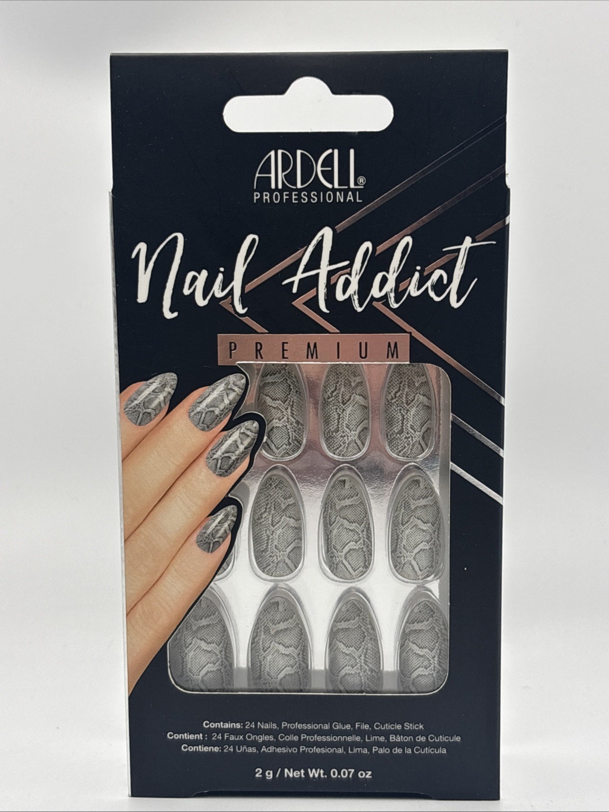 Ardell Nail Addict 24 Nails PREMIUM Medium Almond Glossy Silver+Gray SNAKE SKIN