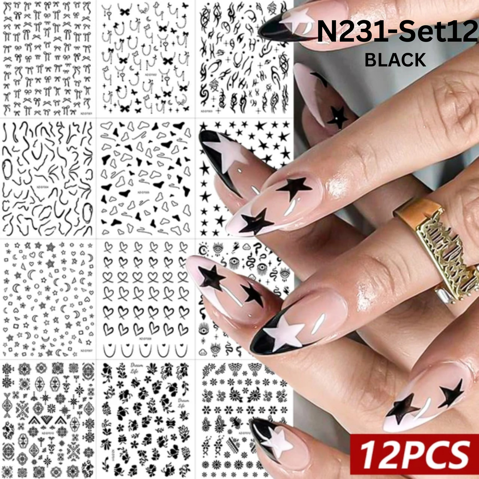 12PCS Nail Art Stickers Set – Choose Gold Silver Black White – Self Adhesive 3D