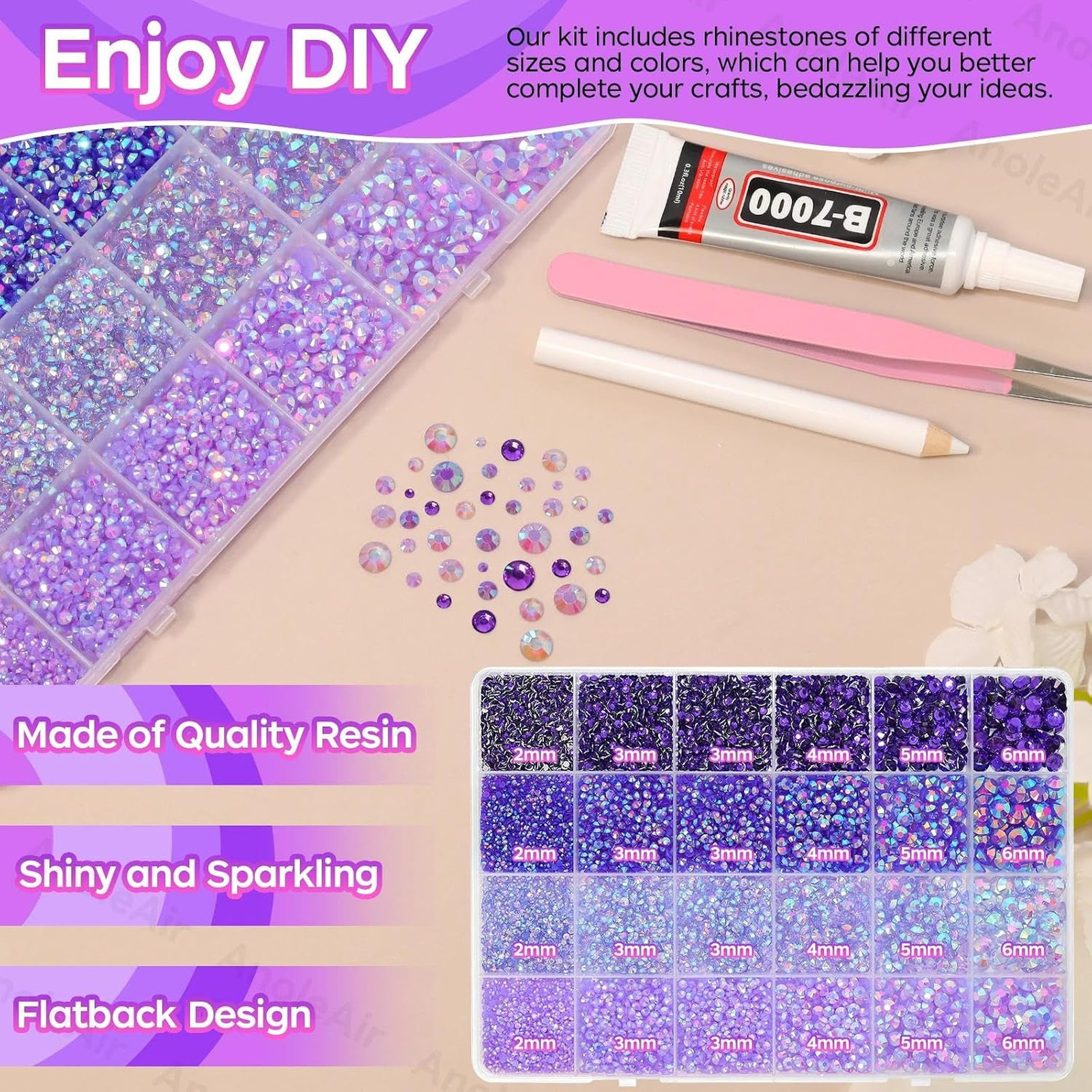 Purple Resin Flatback Rhinestones Kit, 26000PCS 2-6mm Gems for Crafting, DIY