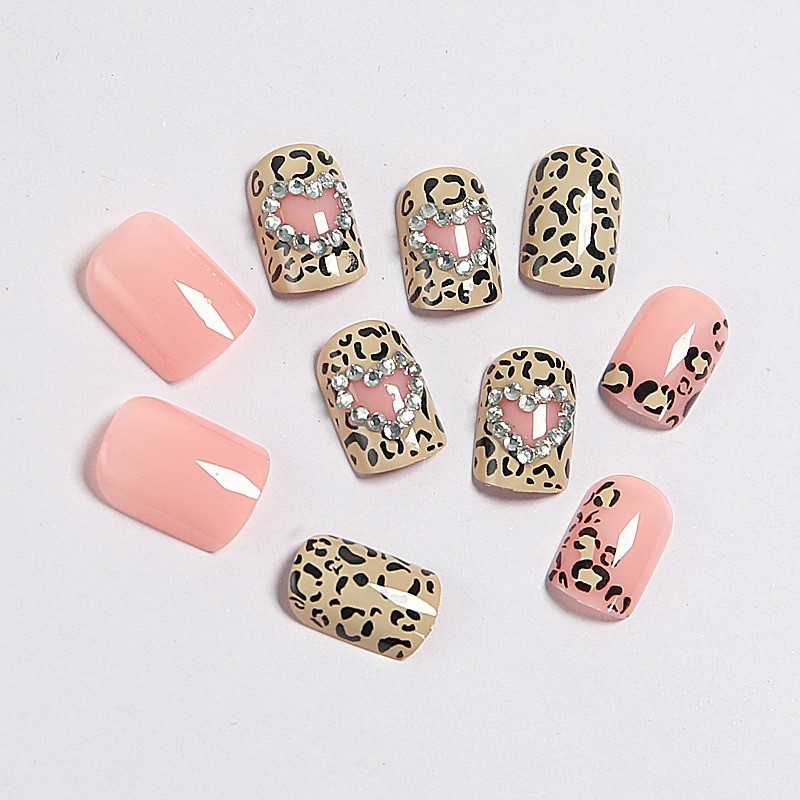 48pcs-Press on Nails Pink Nude Leopard Print Heart Rhinestone Short Square Set