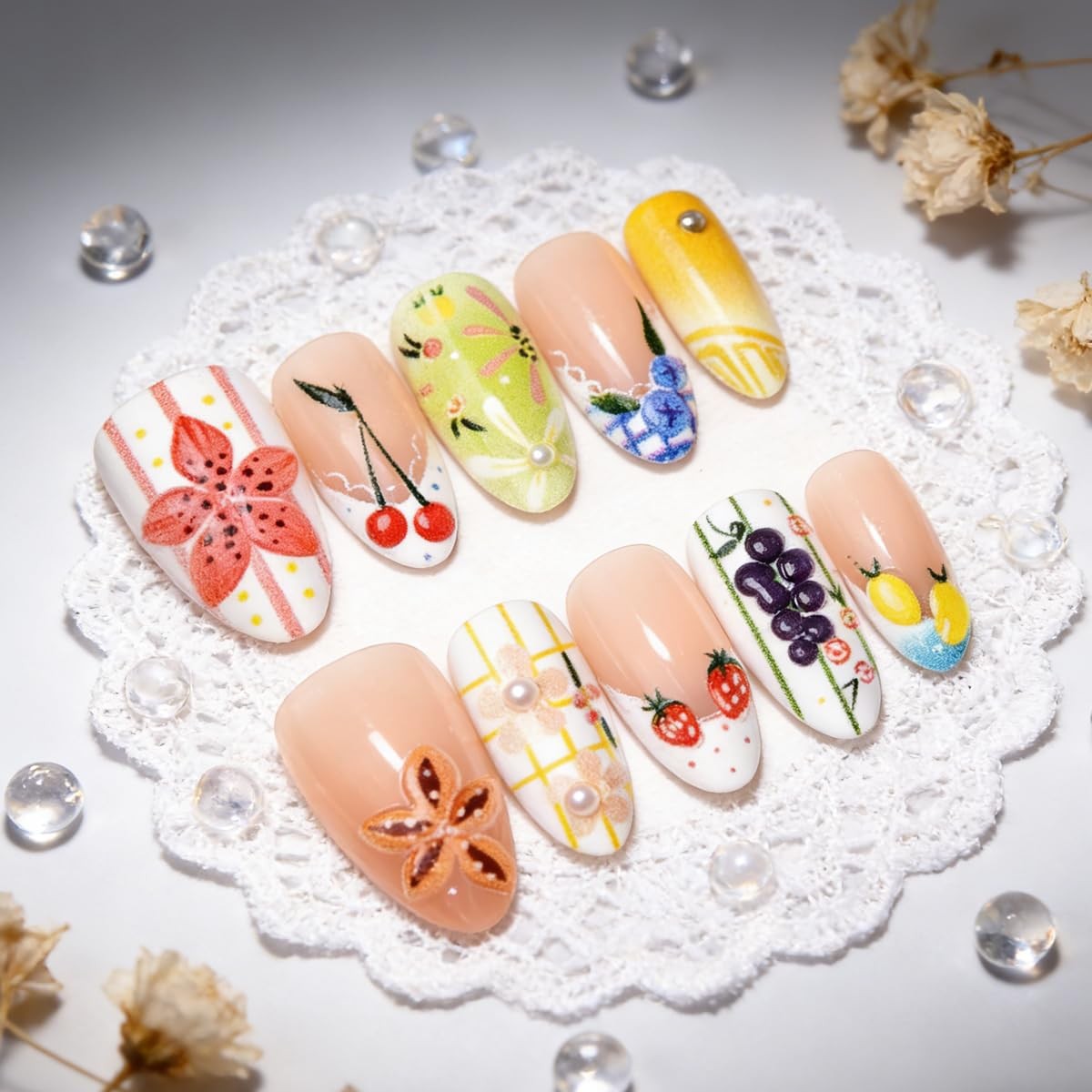 30Pcs Fruit Press on Nails Long Almond Fake Nails 3D Flower Strip with Rhines…
