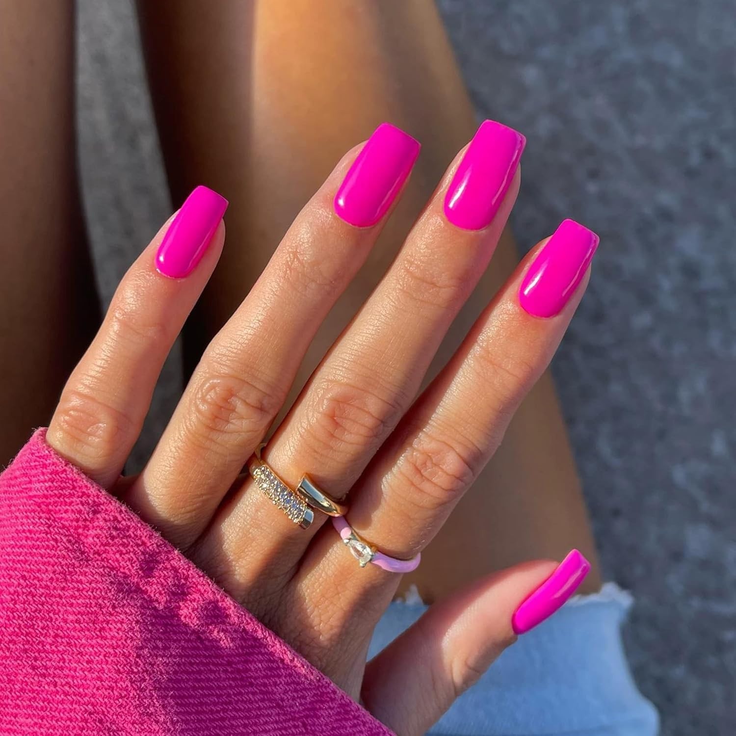 Neon Hot Pink Press on Nails Short Medium Coffin, Solid Color glossy hot pink