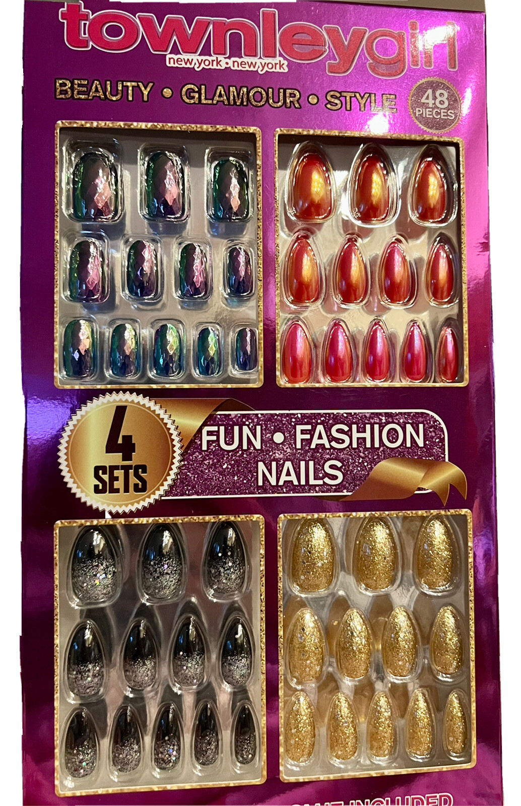 Townleygirl 48 pcs fashion nails purple/teal, Black , Gold, Pink glue 4 Sets