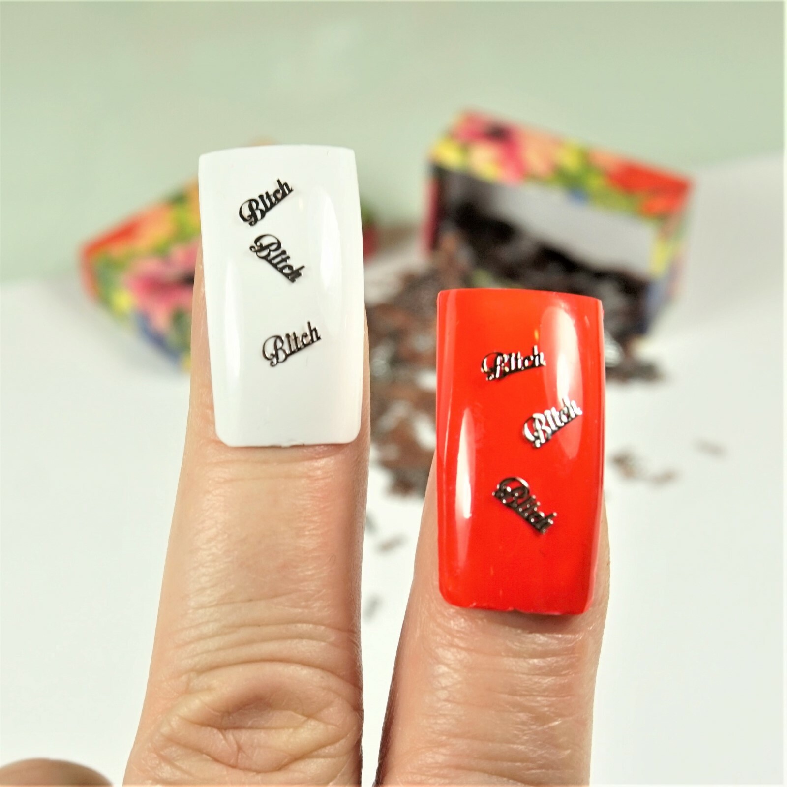25 BITCH SILVER METAL CHARMS 3D NAIL ART SMALL GIFT IN BOX FOR WOMEN