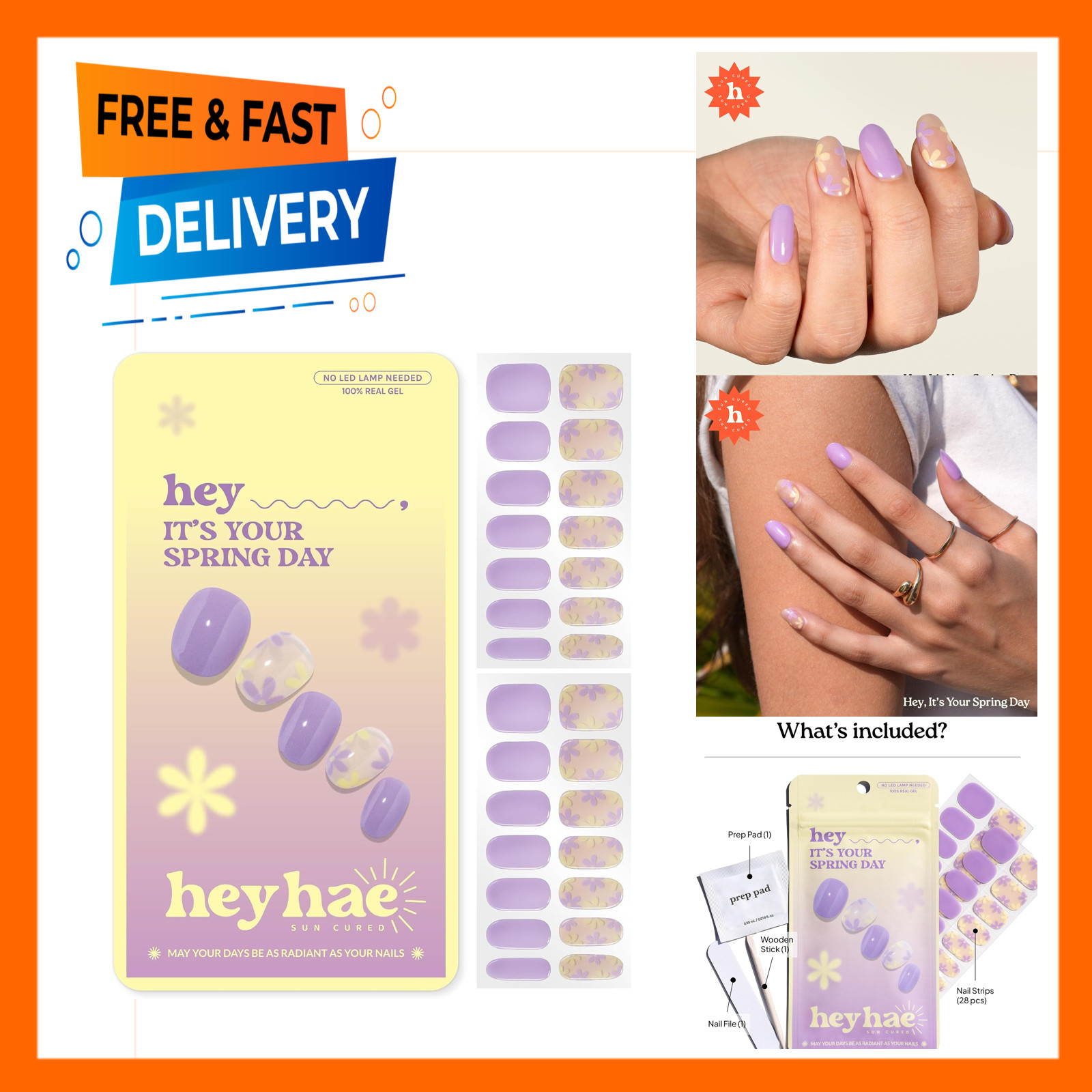 Semi Cured Gel Nail Strips Sunlight Curing Kit Purple Floral Spring Pack 28