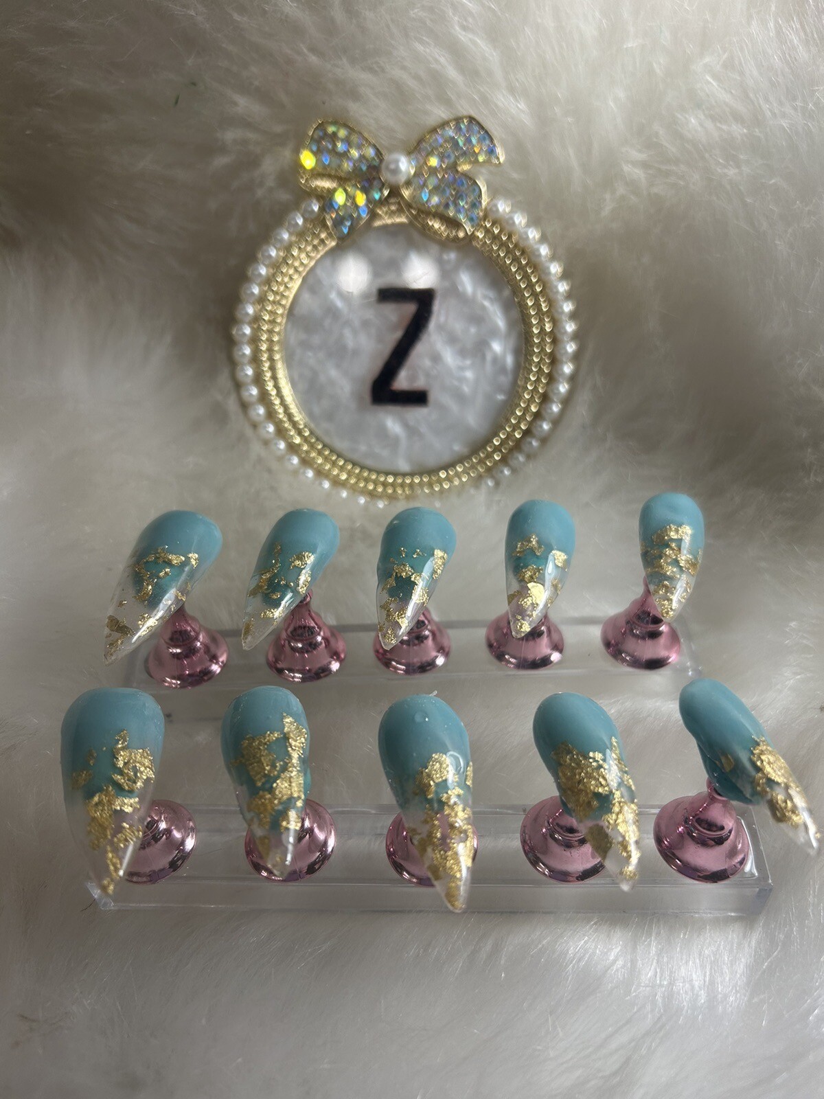 Z NAILZ! Handmade L Stiletto Mint Green/Clear With Gold Flakes Press On Nails