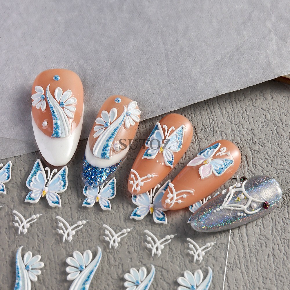 5D Embossed Daisy Rose Butterfly Camellia Flower Nail Art Stickers Self-adhesive