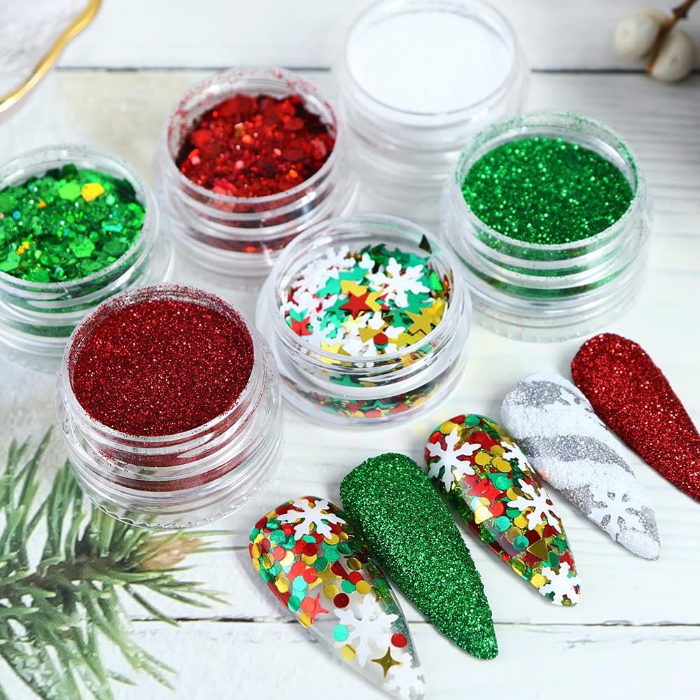LPOODDNU Winter Nail Art Decorations: Flakes 3D christmas red green glitters