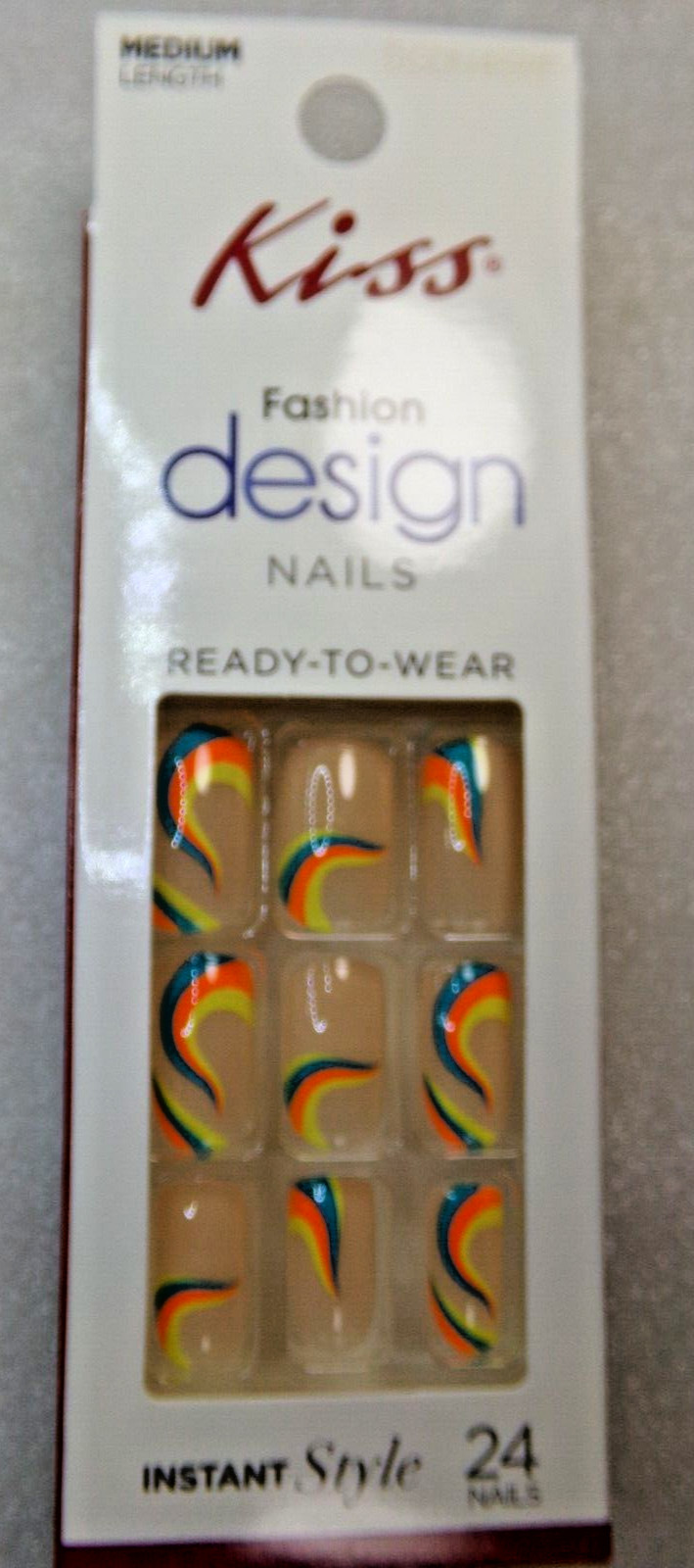 Kiss Fashion Design, Orange, Green, Yellow Swirls Glue On Nail Medium