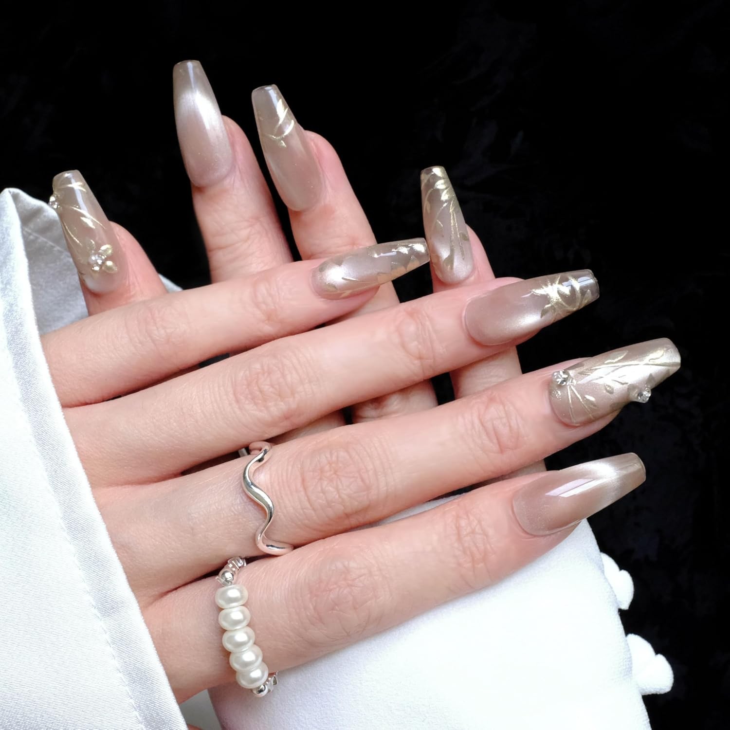 GLORS Nude Long Ballerina Press-On Nails, Gold Floral & Pearls, 10 Pcs