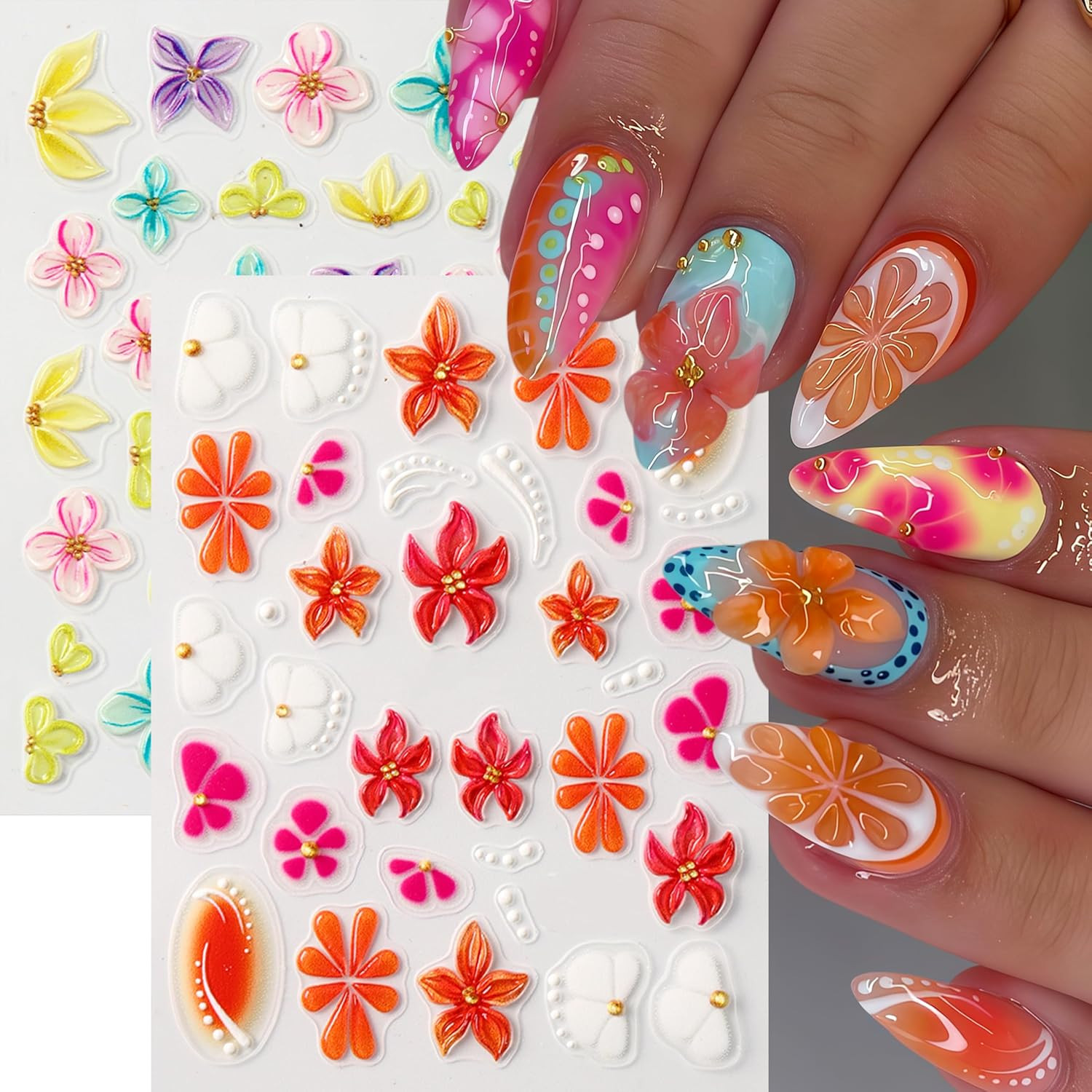 3 Sheets 5D Embossed Lily Flower Stickers for Nails Colorful Hibiscus Nail Stick