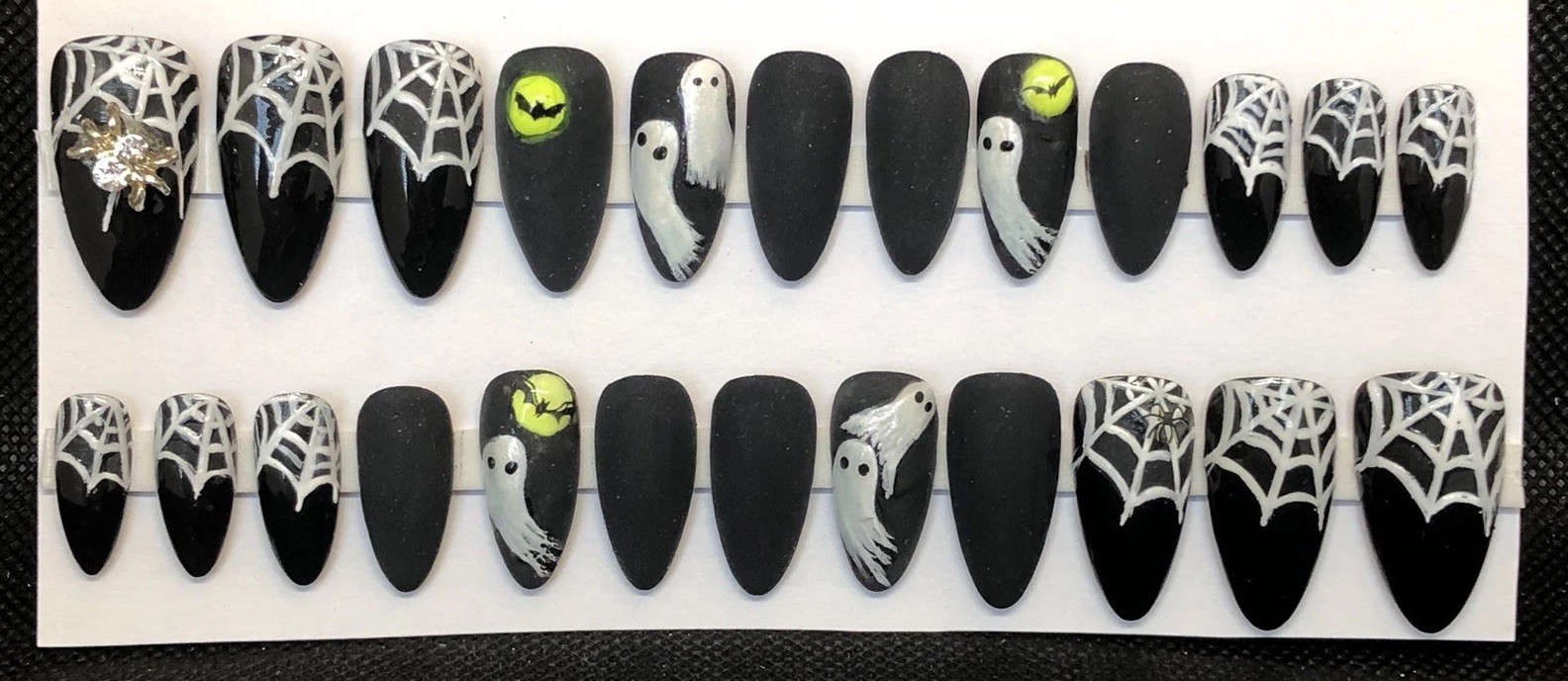 Handmade Custom Press On Nails Med Almond Ghosts Spiders Black Halloween Nails