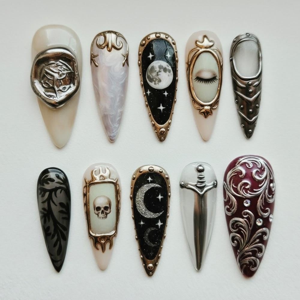 Custom Handmade Halloween Gothic Frame Moon Skull Dagger Eye Vine Press on Nails