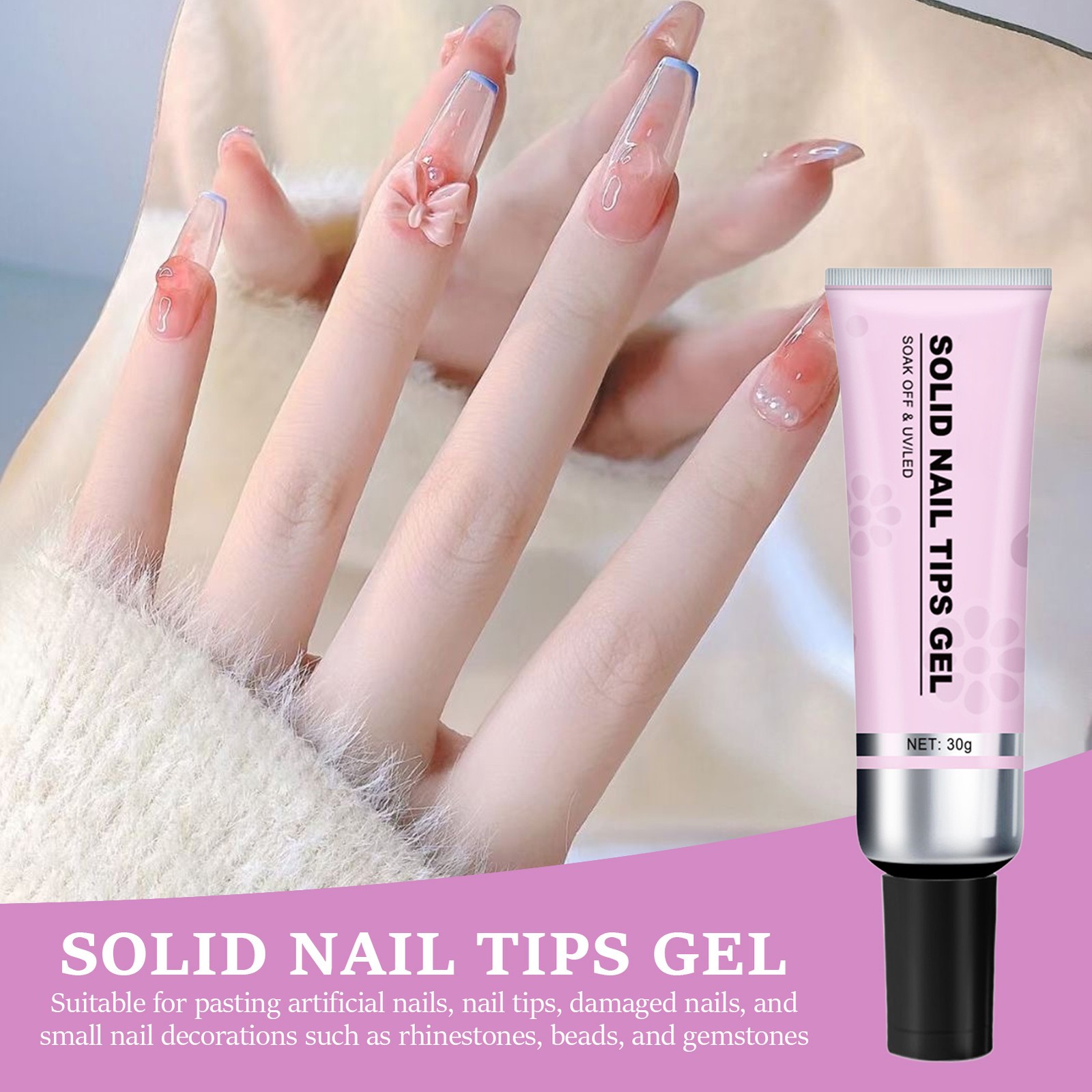 Solid Nail Glue Gel 30G Nail Gel Glue for Acrylic Nails, Soft Gel Nail Tips Glue