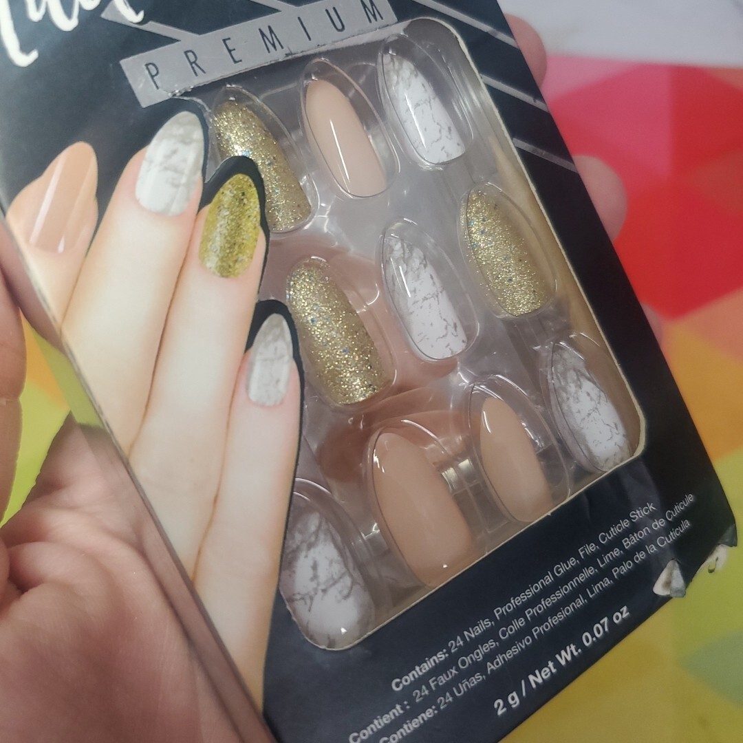 Ardell Professional Nail Addict Premium 24 Nails ~ Pink/Marble/Gold Glitter NEW