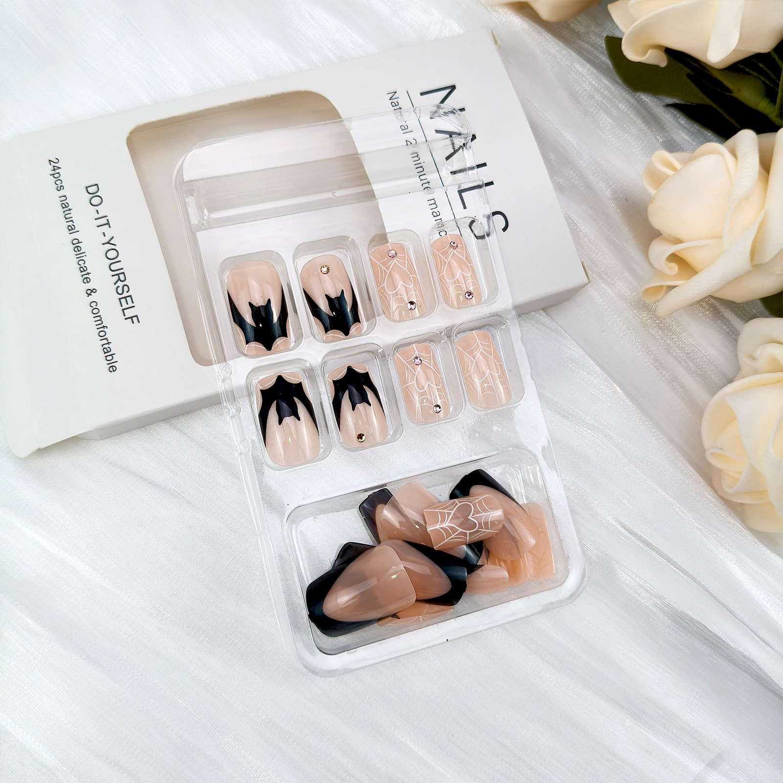 Halloween Bat French Tip Press on Nails Medium Square Black Fake Nails with S…
