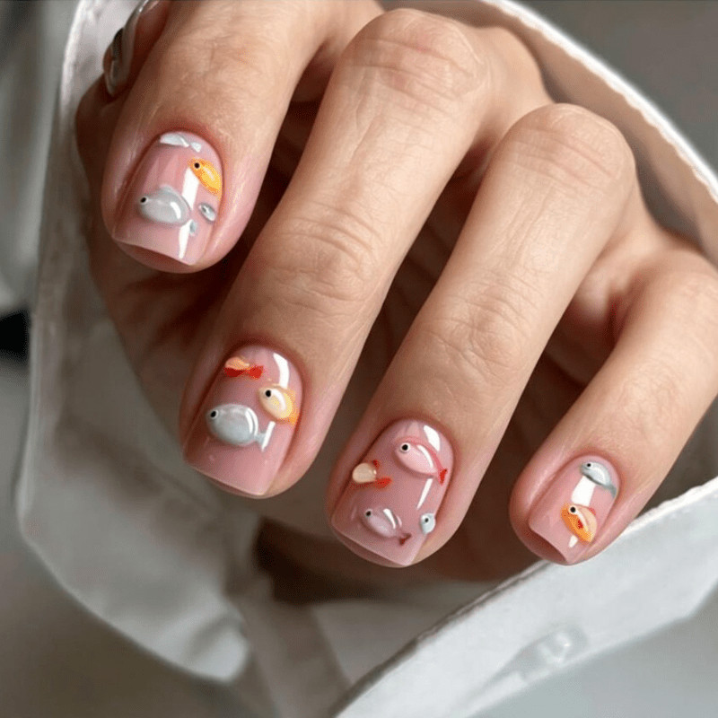 48pcs Short Square Press on Nails, Nude Pink 3D Fish Fresh Cute Trend Nails