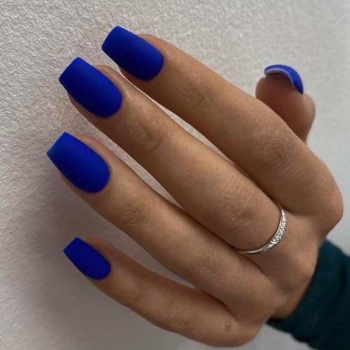 Matte Dark Blue Press on Nails Short Medium Square, Neutral matte dark blue