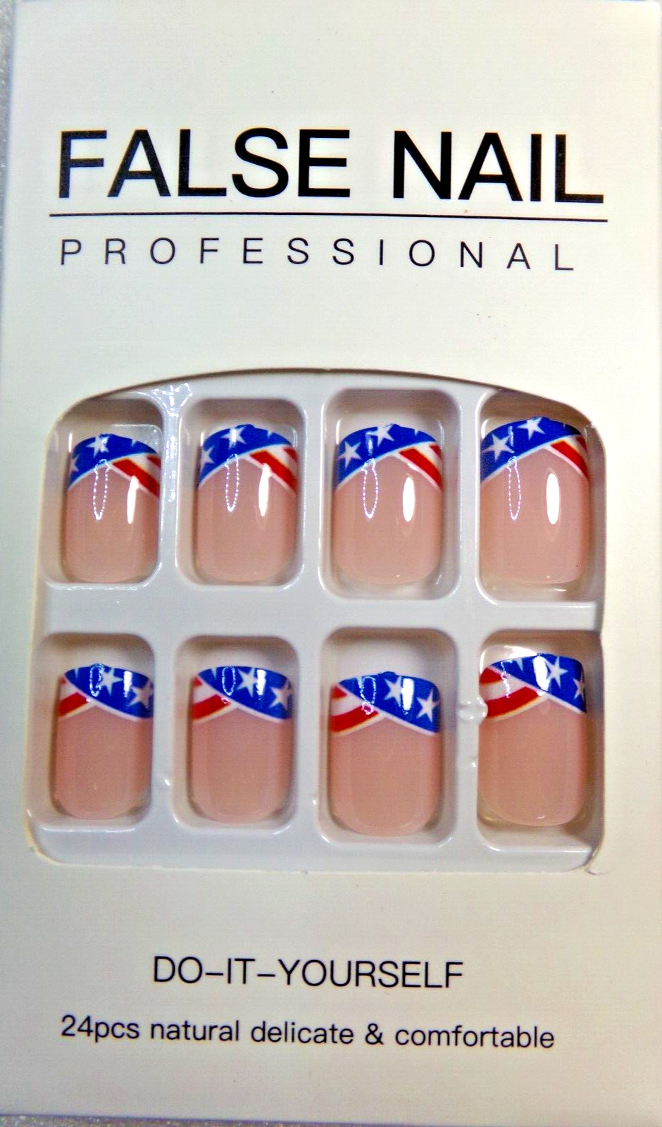 4th of July Nails Shiny American Flag Red White & Blue Stars GLUE ON SHORT
