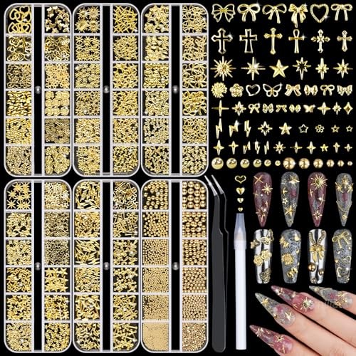 6 Boxes Gold Nail Charms with Nail Pearls, 3D Star Cross S1-6 Box Gold Studs