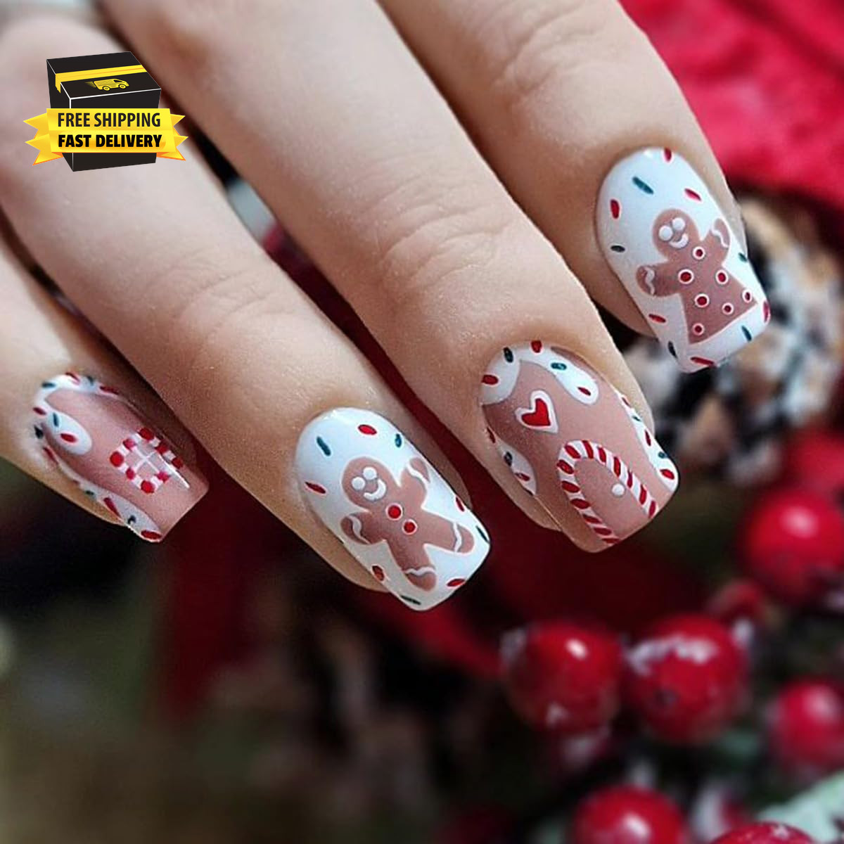 Christmas Gingerbread Man Press on Nails Short Square Fake Nails with Cute Candy