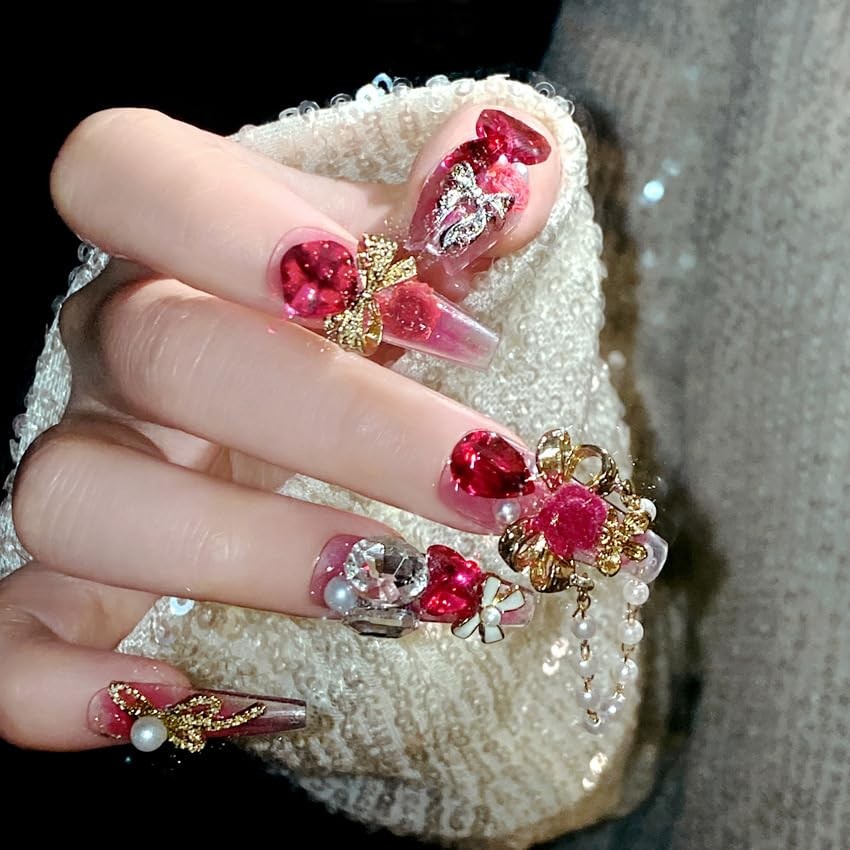 Long Coffin Press on Nails Short Fake Nails with 3D Rhinestones Pearl Desings…