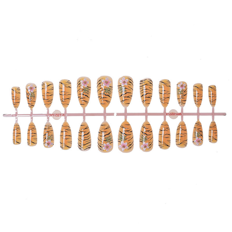 48Pcs-Long Almond Tiger Stripe 3D Pink Flower Fake Press on Nails Set