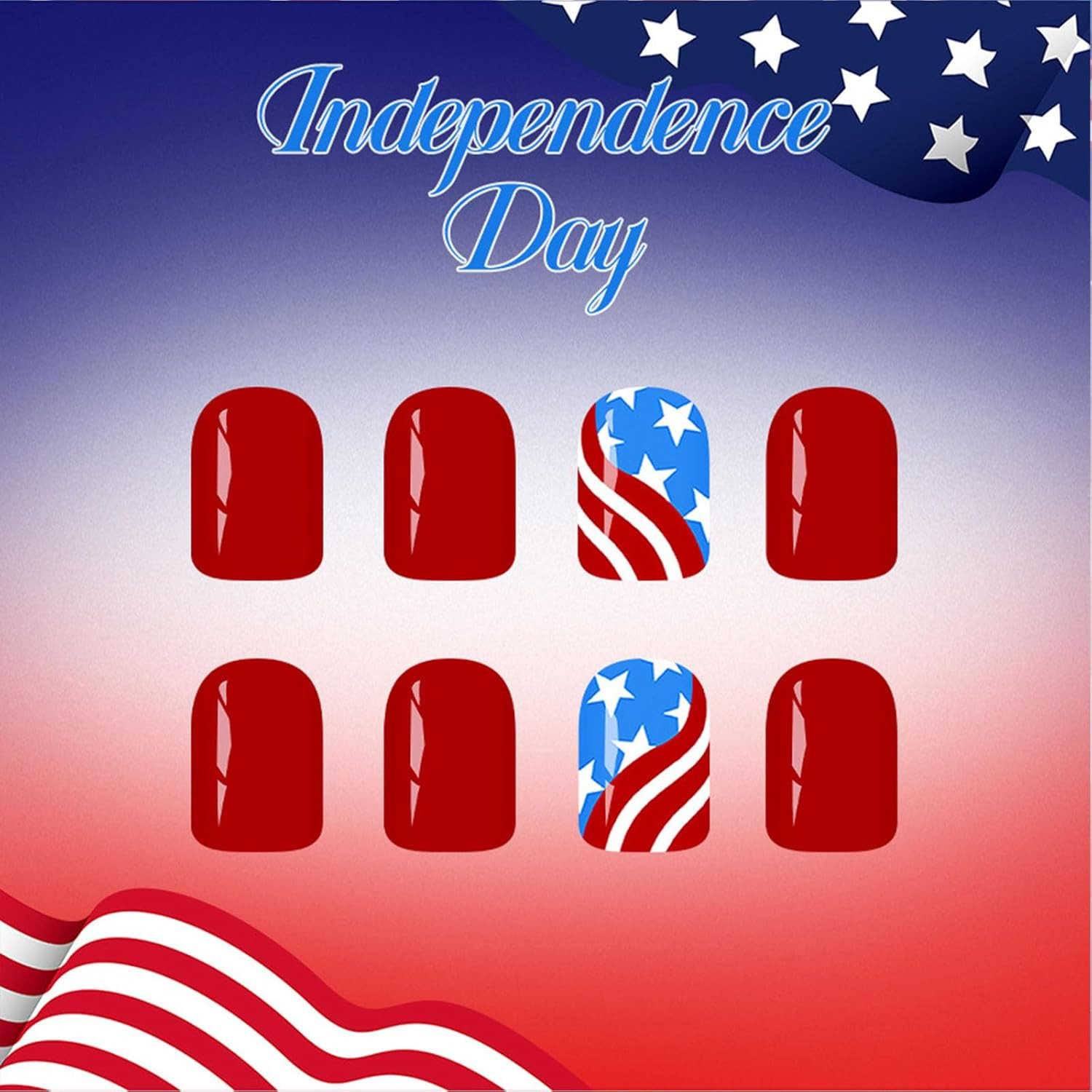 4Th of July Press on Nails Short Square Fourth of July Fake Nails with Stars Red