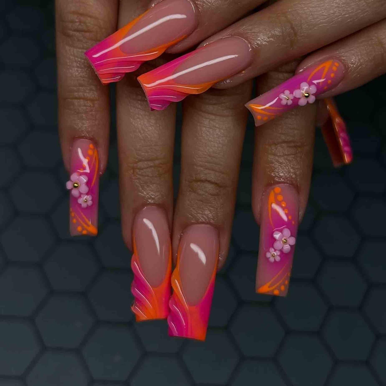 Handmade Pink Orange Gradient 3D Flower Wave Long Coffin Press on Nails