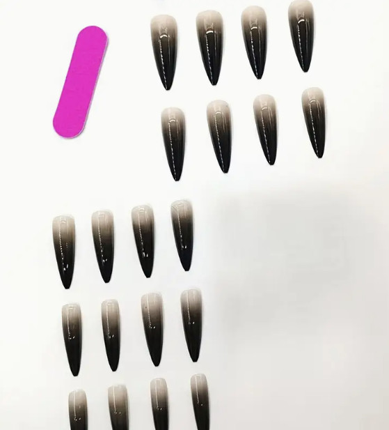 24 Pcs Press-On Nails Long Stiletto Glossy Black Ombre