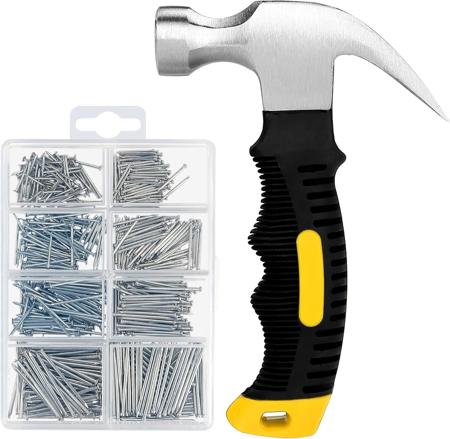 700PC Nail Assortment & 8oz Ergonomic Hammer Kit for Art & Decor Projects