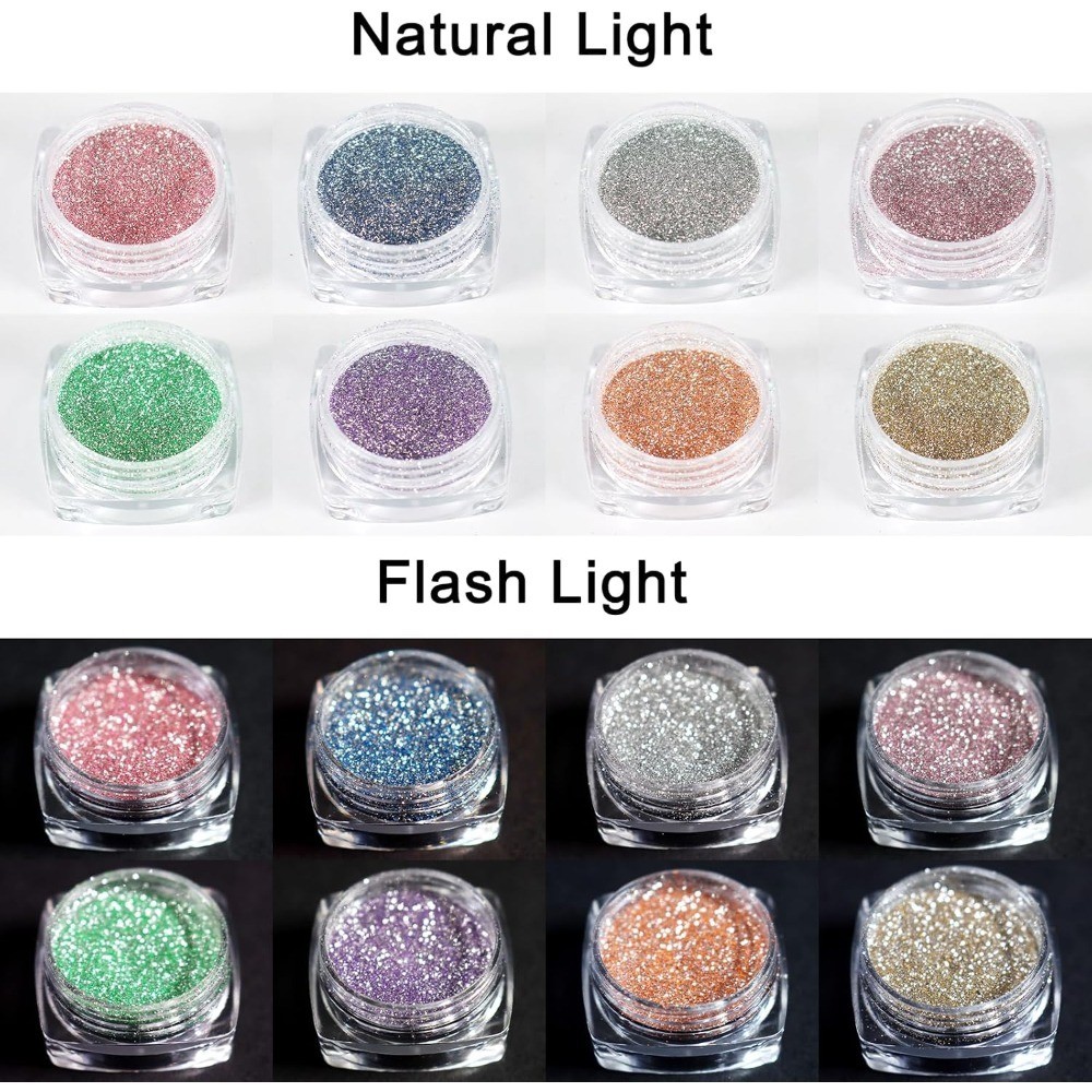 Reflective Glitter Powder Set 8 Colors Shiny Nail Art Dust Dipping Pigment for
