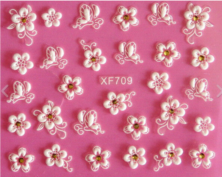 3D Nail Stickers White Lace Flowers with Gold Crystals bulk sale 10pcs