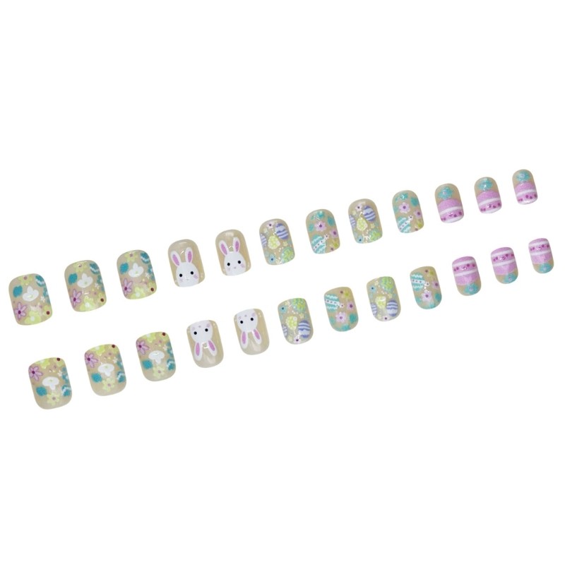Adorable Rabbit Egg Printed Artificial Nail Short Square Shape Easy To Wear