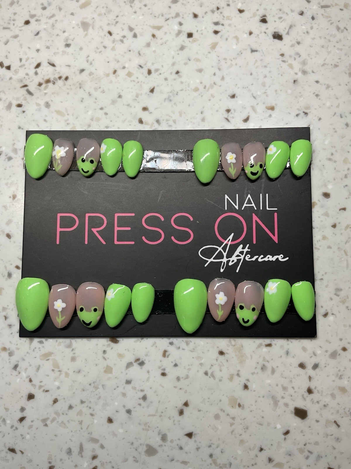 Kids Press-On Nails Set Almond Green Nude Smiley Face Shiny Full Cover