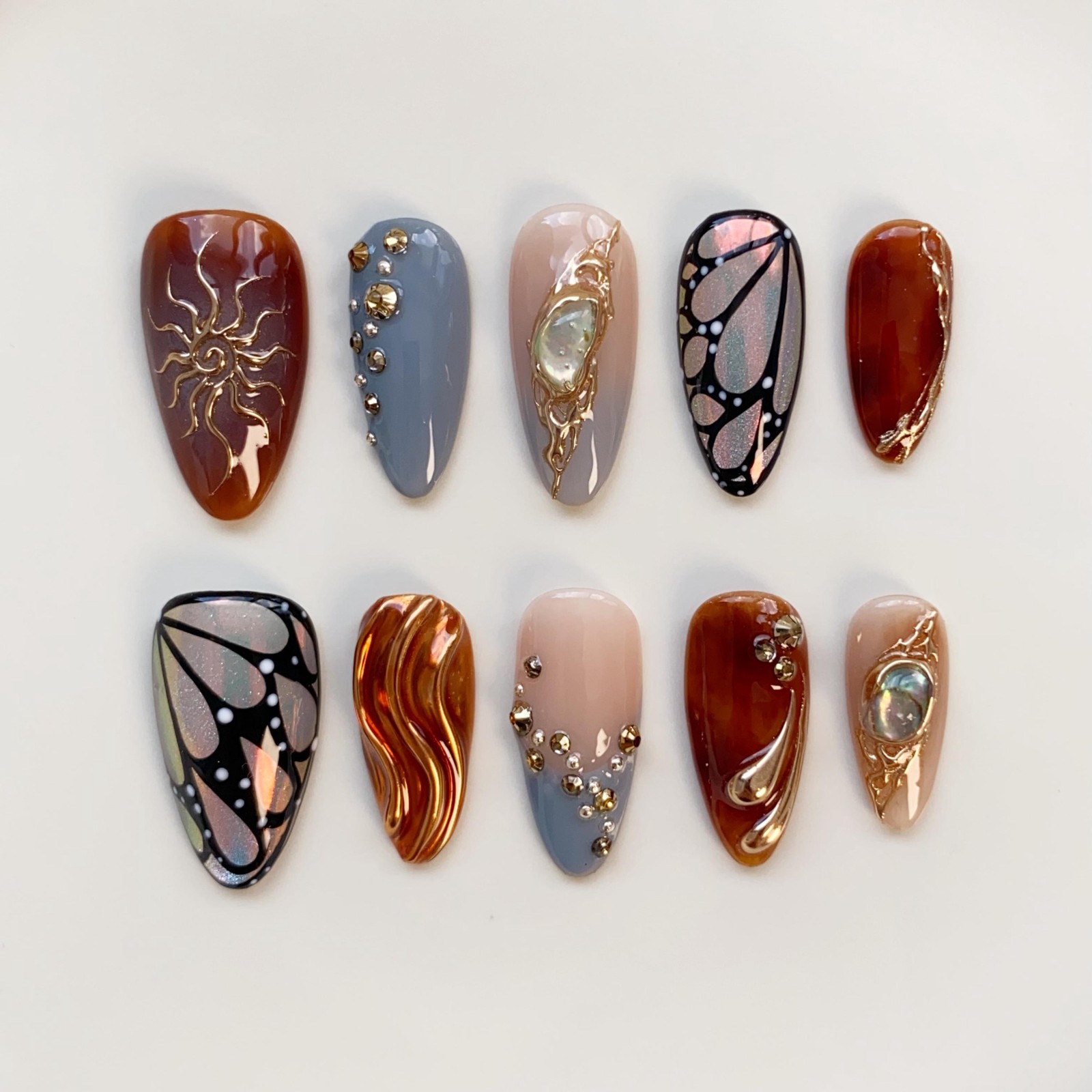 Custom Pure Handmade Nails Caramel Butterfly Gold Gem Vintage Western Manicure