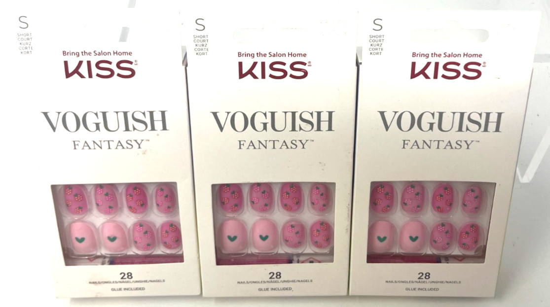 (3) Kiss Voguish Fantasy Nails New In Packaging Short 93070 FV112X Strawberry