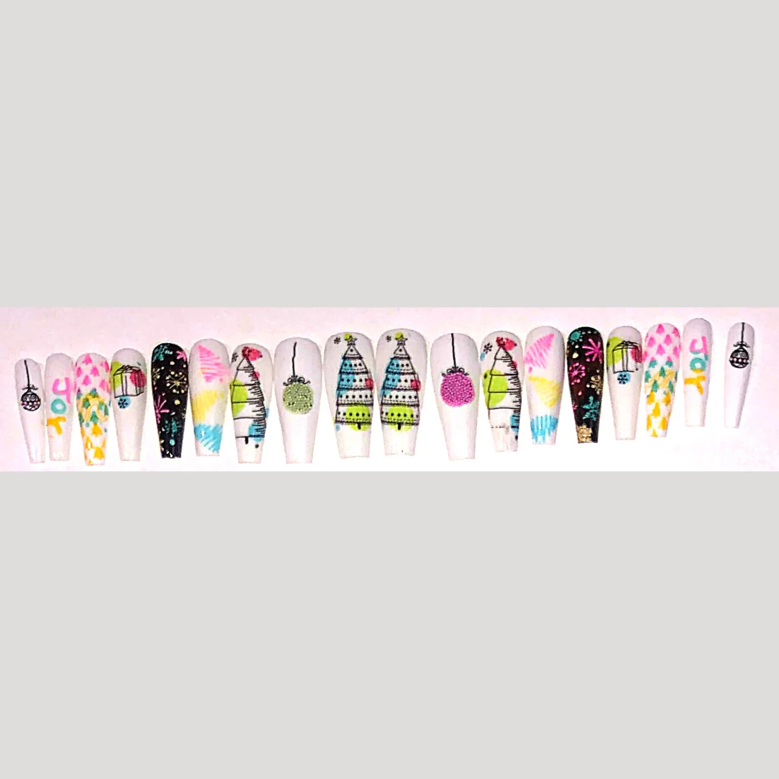 Colourful Christmas Press-On Nail Set – Ex-Long Ballerina (Size 0-8)