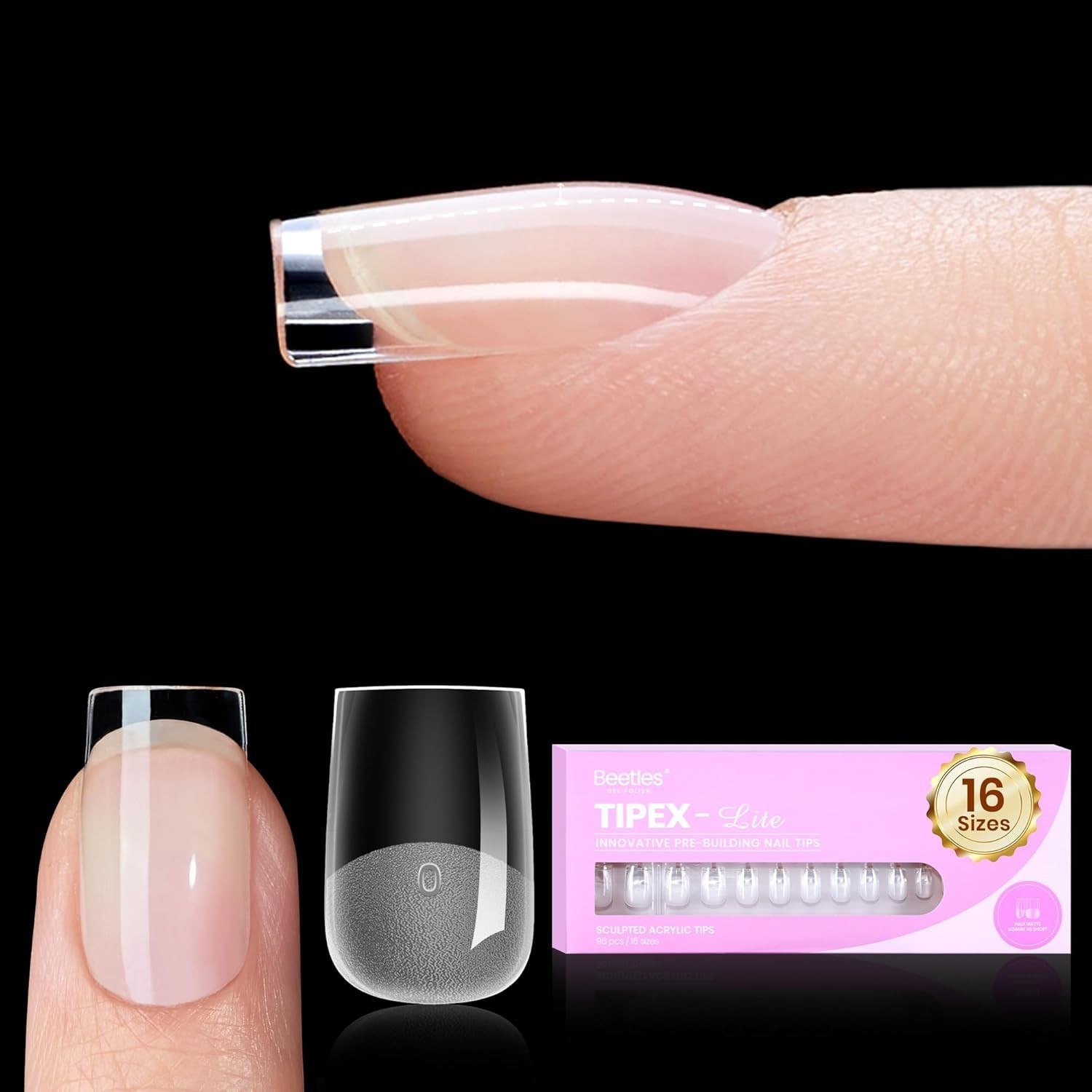 Beetles Tipex Lite Instant Apex Nail Tips, XS Square, No Builder Gel Needed, 16